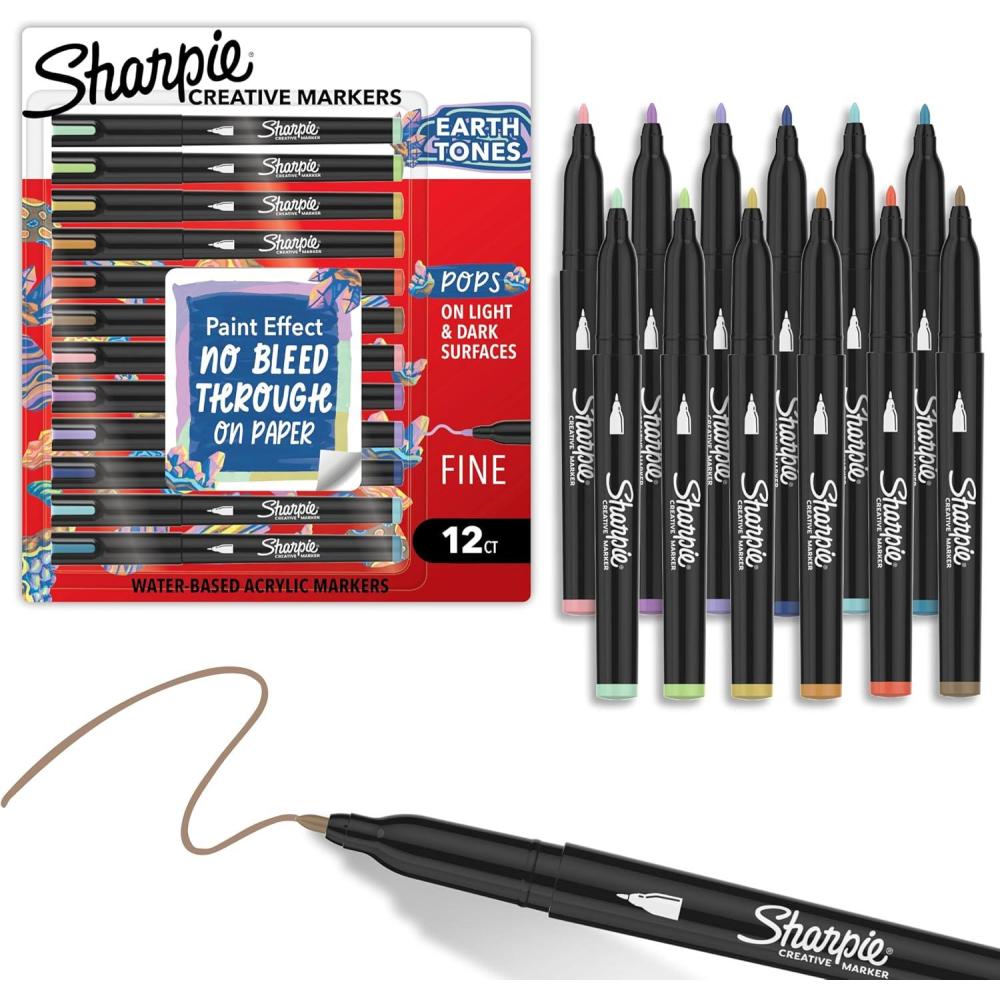 image:imageSharpie Creative Markers Earth Tones WaterBased Acrylic Paint Markers Fine Tip 12 CountAssorted