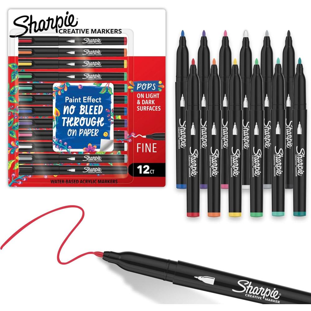 image:imageSharpie Creative Markers WaterBased Acrylic Paint Markers Fine Tip Assorted 12 Count