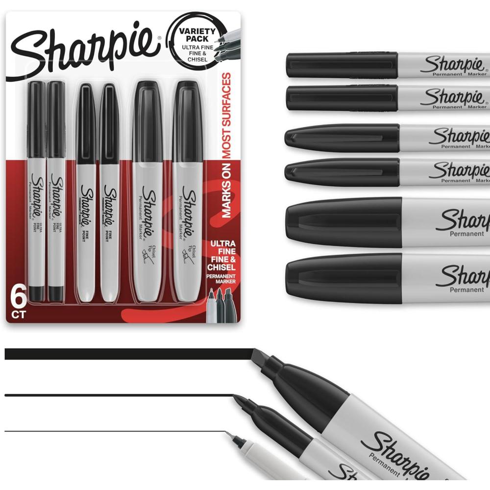 image:imageSharpie Permanent Markers Variety Pack Includes Chisel Fine and UltraFine Tips Marker Set Writing Coloring Poster Office School Supplies Black 6 CountPen