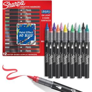 image:imageSharpie Creative Markers WaterBased Acrylic Brush Tip Assorted Colors 12 Count  Arts amp Crafts Kids Activity School Classroom Works on Paper Metal Wood Ceramic Glass Rock Canvas