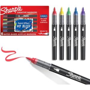 image:imageSharpie Creative Markers WaterBased Acrylic Brush Tip Assorted Colors 5 Count  Arts amp Crafts Kids Activity School Classroom Works on Paper Metal Wood Ceramic Glass Rock Canvas
