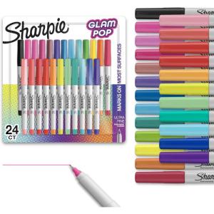 image:imageSharpie Glam Pop Permanent Markers Ultra Fine Tip Set Coloring and Drawing Resilient Ink Assorted Colors 24 Count